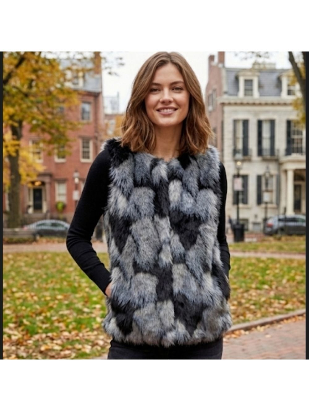 Bisou Bisou Black Gray Faux Fur Vest